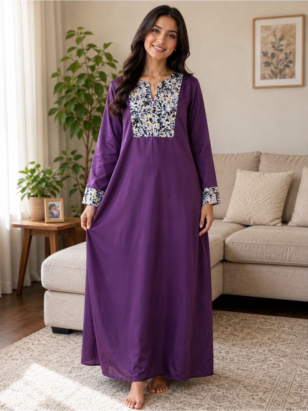 Galabiya Women's Purple Long Sleeve Floral-Trim